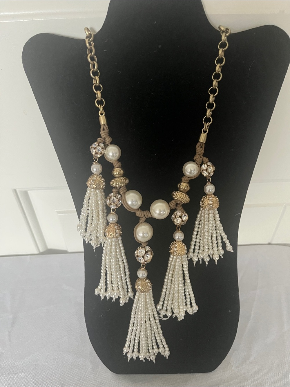 Chico's Pearl and Gold Tassel Statement Necklace